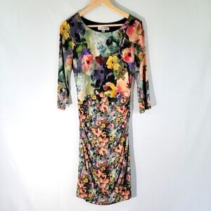 KAY UNGER NY Women's Floral Jersey Knit Midi Dress Sz 10 Midi Long Sleeve Ruched